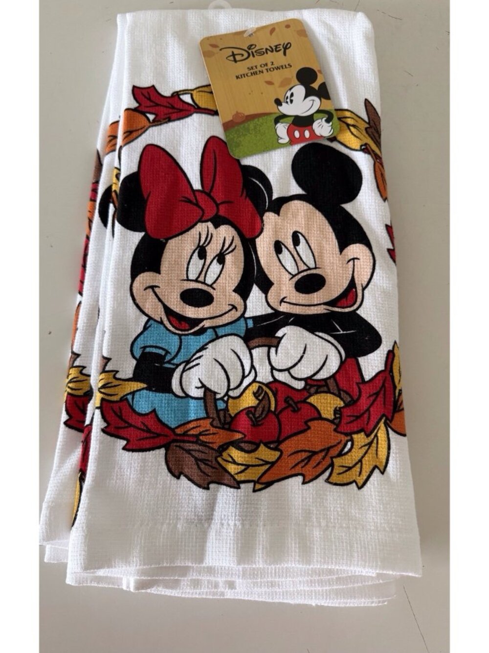 2 Pack Disney Mickey Minnie Mouse Autumn Fall Leaves Kitchen Towels 18” X 28”